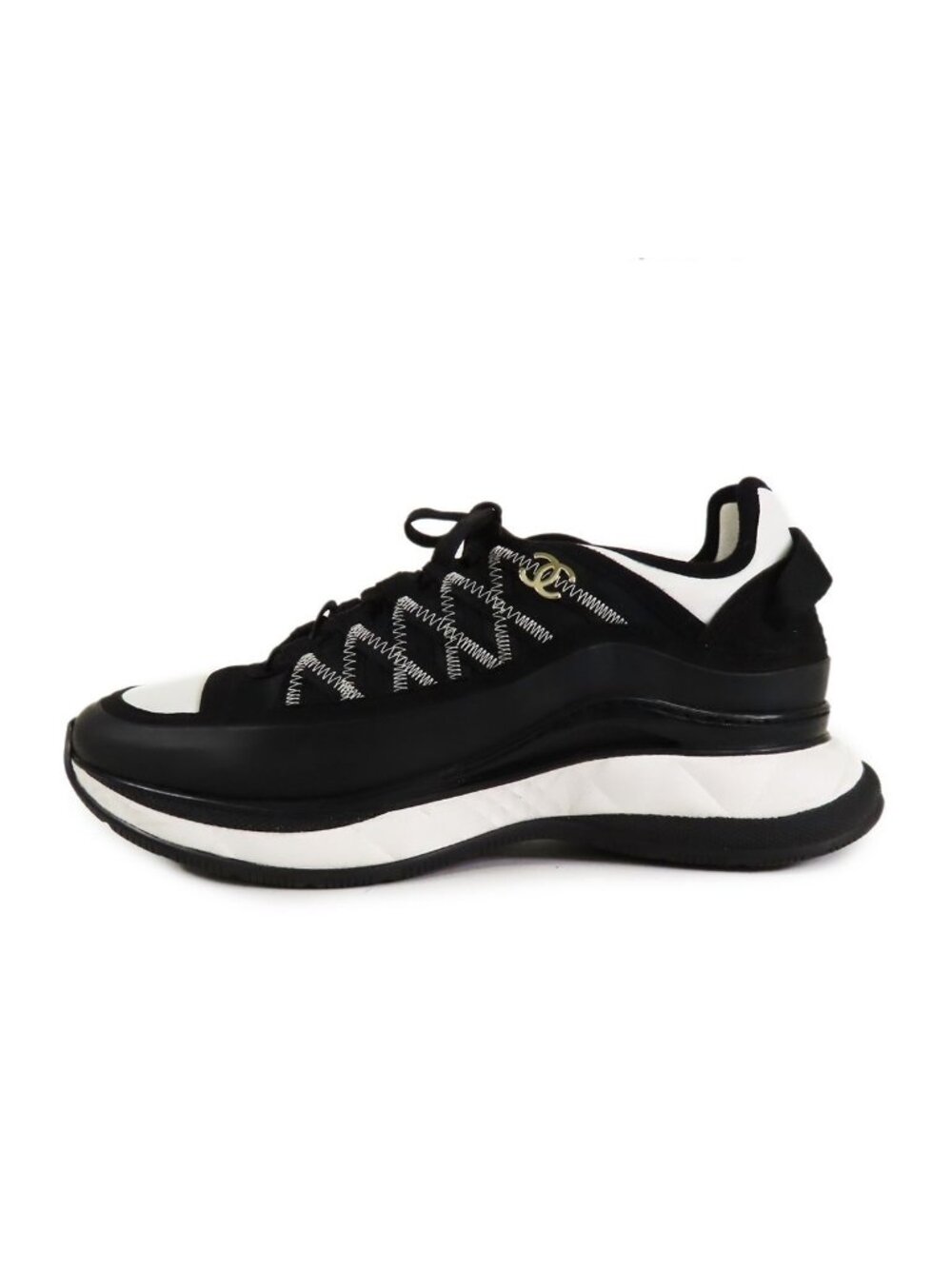 Chanel Sneakers Black White Nylon Mix Fibercalfskin CC Logo